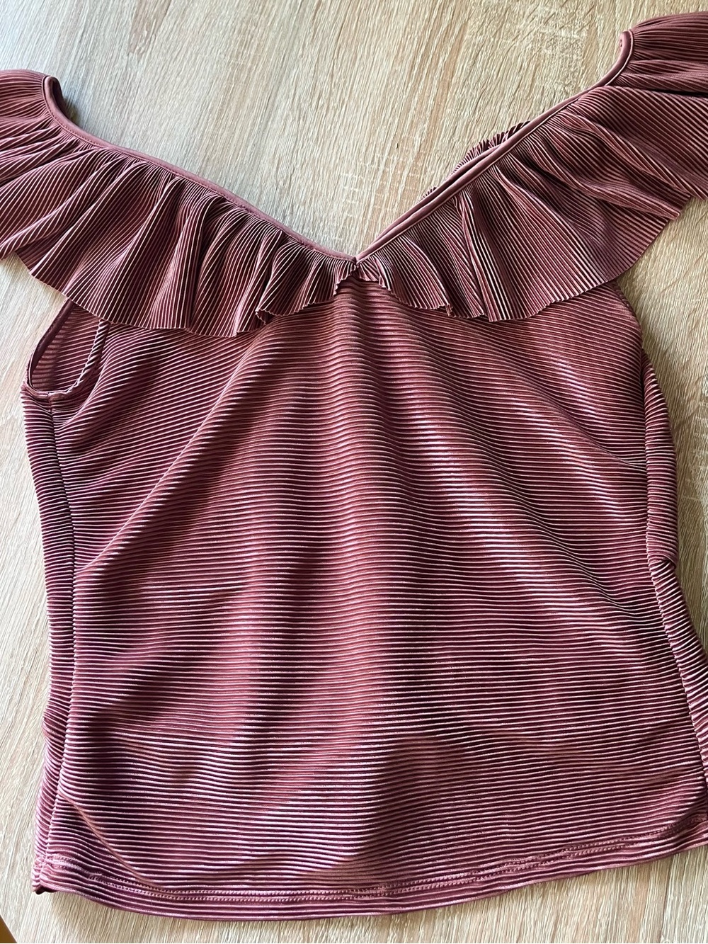 Express Mauve Ruffle Off-Shoulder Ruched Top, small - Picture 2 of 5